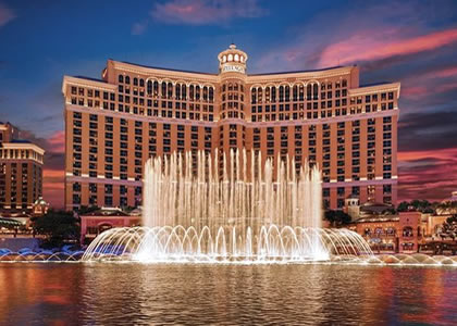 The Bellagio and its beautiful fountains illuminated at night